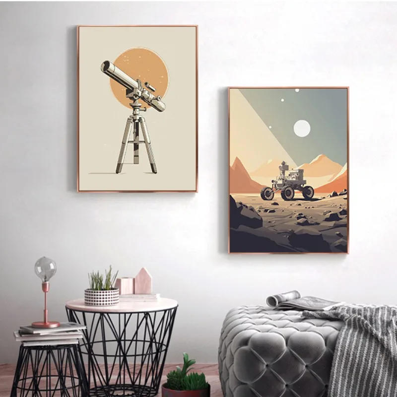 Description Picture 6 of itemRetro Space Station Observatory Shuttle Mars Lunar Rover Telescope Canvas Poster Cartoon Simple Art Painting Picture Home Decor