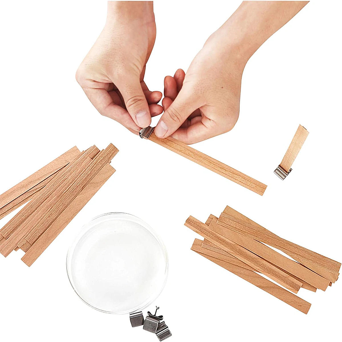 Description Picture 2 of item10pcs/set Double Layered Wooden Candle Wick Multi Size Naturally Smokeless Wooden Wax Core & Metal Clips DIY Candle Making Kit