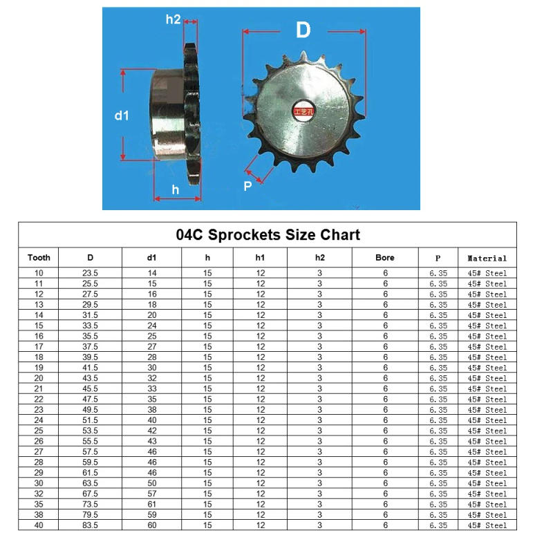 Description Picture 2 of item1Pcs 04C 9T-24T Sprocket Wheel Industrial Chain Gear Pitch 6.35mm 45 Steel Suitable For 04C Roller Chain