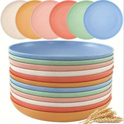 1PCS/12PCS 9Inch Lightweight Wheat Straw Plates Plastic Plates Reusable Assorted Colors Dinnerware Sets Dishwasher Safe