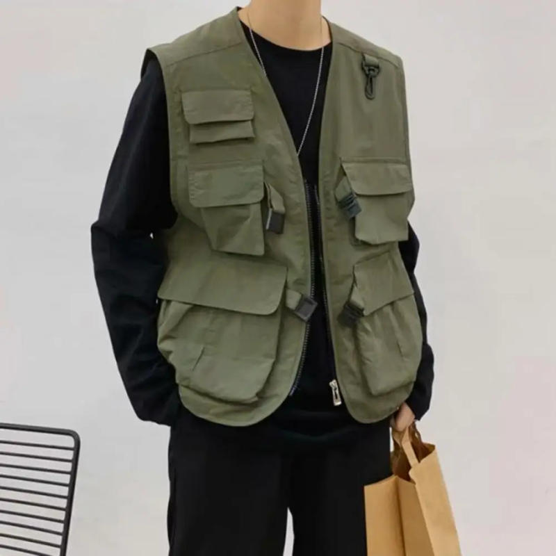 Description Picture 5 of itemMen Cargo Vest Coat Solid Color Multi Pockets Zipper Buckle Placket Waistcoat V-neck Sleeveless Men Outerwear Men's Clothing