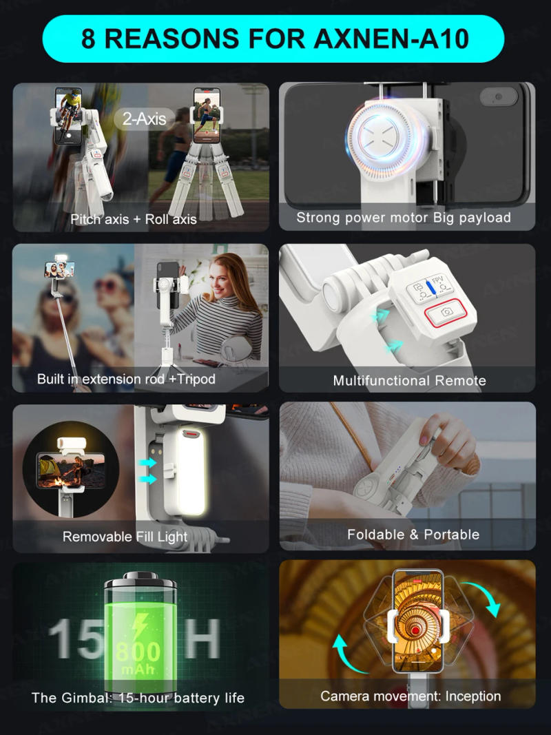 Description Picture 3 of itemAXNEN A10 Smartphone Handheld Gimbal Selfie Tripod with Fill Light Extend Rod, Phone Video Record Stabilizer for iPhone Android