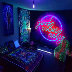 1PC Good Vibes Only fluorescent tapestry, colorful and beautiful UV black light tapestry, room decoration tapestry
