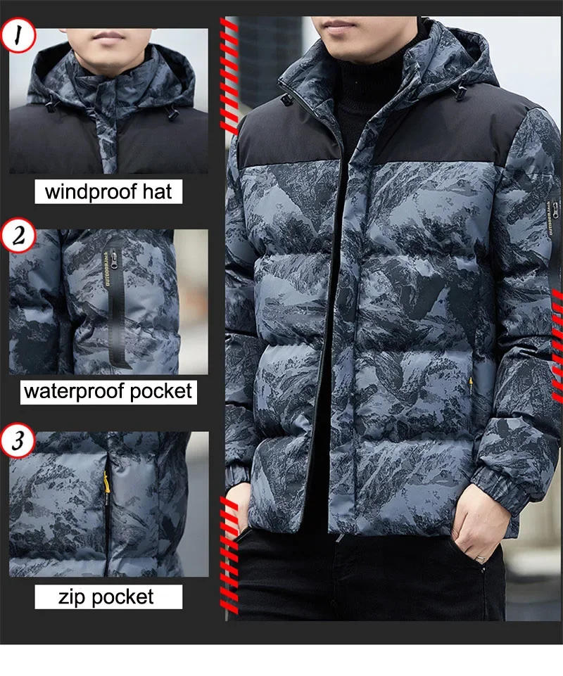 Description Picture 5 of itemMen Winter Warm Parkas Mens Detachable Hat Jacket Parkas Men Casual Cotton Outdoor Padded Jackets Camouflage Coats