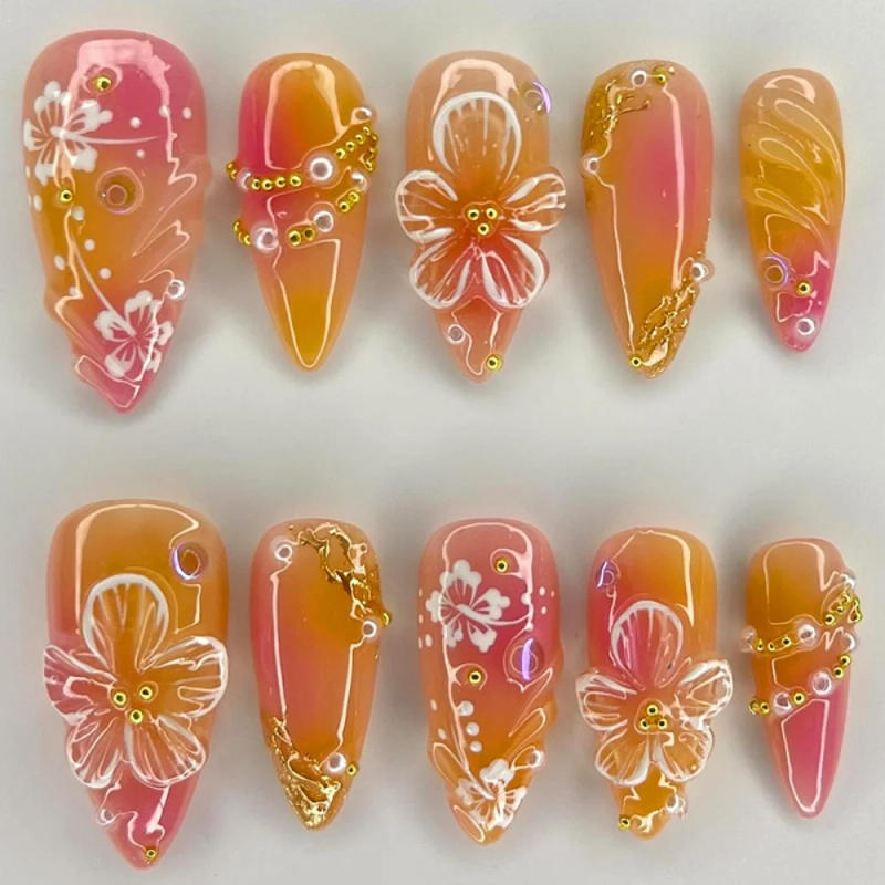 Description Picture 4 of item24pcs Short Almond Wearable False Nail Tips Lines Bow Rhinestones Design Fake Nail Art Cute Pink Love Pearl Press on Nails Set