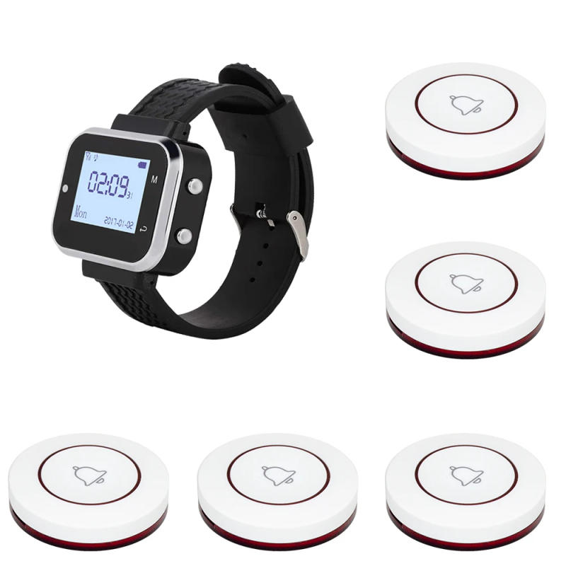 Description Picture 4 of itemCATEL Wireless Calling System 5 Table Call Button Transmitters 1 Watch Pager, Restaurant Waiter Service Bell Buzzer