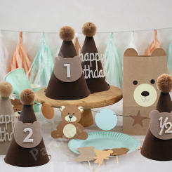 1set Vintage Non-Wooven Bear Hat Carton Bear Paper Banner Confetti For Kids Bear Happy Birthday Party Decorations Gifts Supply