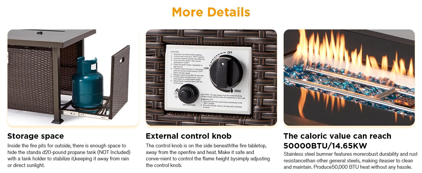 Description Picture 5 of itemHOMREST 44in Outdoor Propane Gas Fire Pit Table, 50,000 BTU Auto-Ignition Gas Firepit with Glass Wind Guard, Black Tempered