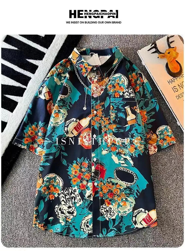 Description Picture 4 of itemShort sleeved shirt men's summer ice silk thin style men's trendy high-end handsome loose fitting casual beach shirt