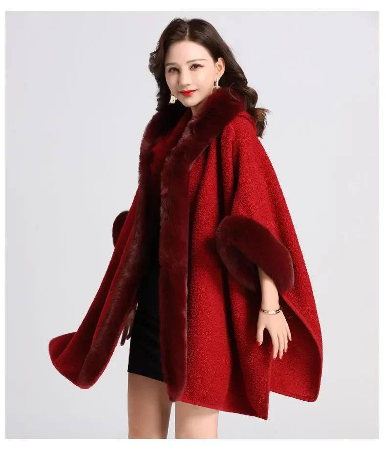 Description Picture 6 of itemWomen Granular Cardigan Long Cloak Loose Coat With Hat Winter Thicken Velvet Big Pendulum Faux Fur Collar Outstreet Poncho Capa