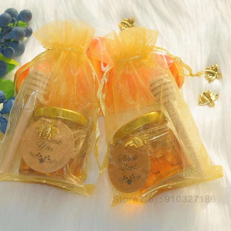 Description Picture 6 of item10/20Pcs Mini Honey Jars - Little Glass Honey Jar - Hexagonal Glass Honey Jars with Wooden Dippers, Bee Charms, Jutes and Gift