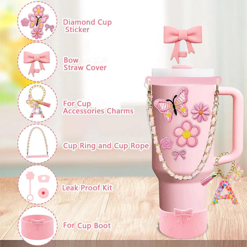 Description Picture 4 of item13PCS Pink Cup Accessories Set for Tumbler Cup 30oz 40oz Tumbler with Handle,Includes Strap,Straw Bow Decorate,Straw Cover