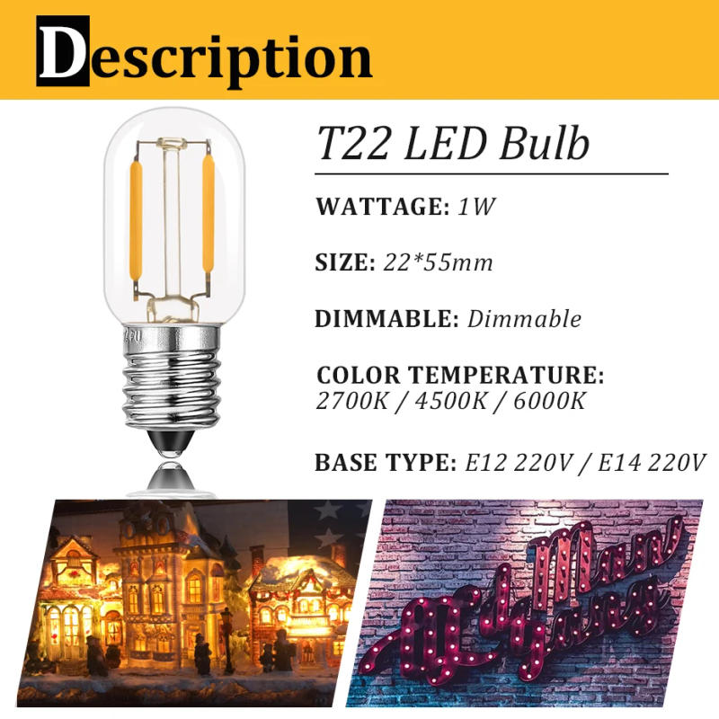 Description Picture 4 of itemT22 E12 E14 Base Mini Led Filament Light Bulbs Low Watt 1W 220V Dimmable Vintage Decor Small Tubular Bulb For Salt Night Light
