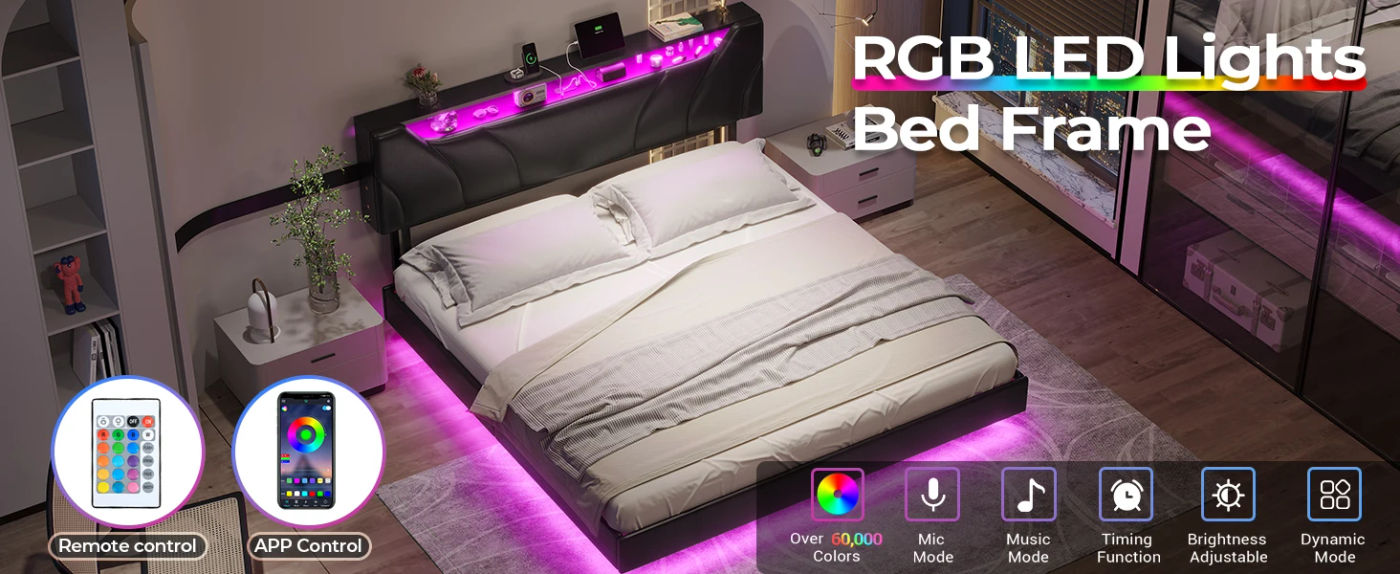 Description Picture 4 of itemDIAC Storage Headboard and Lights Queen Size Visual Floating LED Bed Frame with Type-C &
