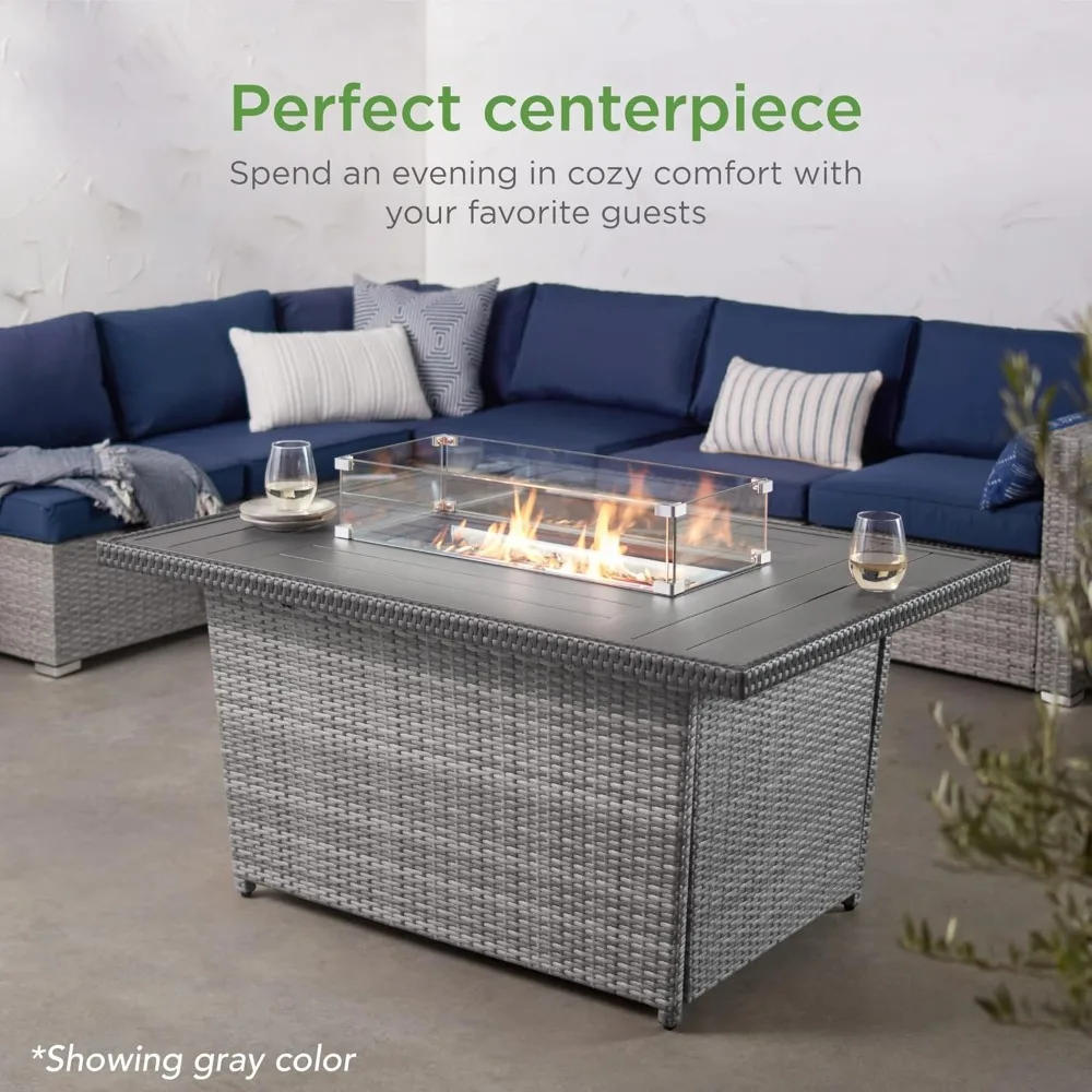 Description Picture 3 of item52in 50,000 BTU Outdoor Wicker Patio Propane Gas Fire Pit Table W/Aluminum Tabletop, Glass Wind Guard, Clear Glass Rocks, Cover