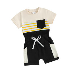 2Pcs Baby Boy Summer Outfits Short Sleeve Striped Print Tops Pocket Shorts Set Toddler Clothes