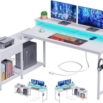 L Shaped Desk with LED Lights & Power Outlet, Reversible Corner Computer Desk/91in Long Desk with Fabric Drawer and Shelves