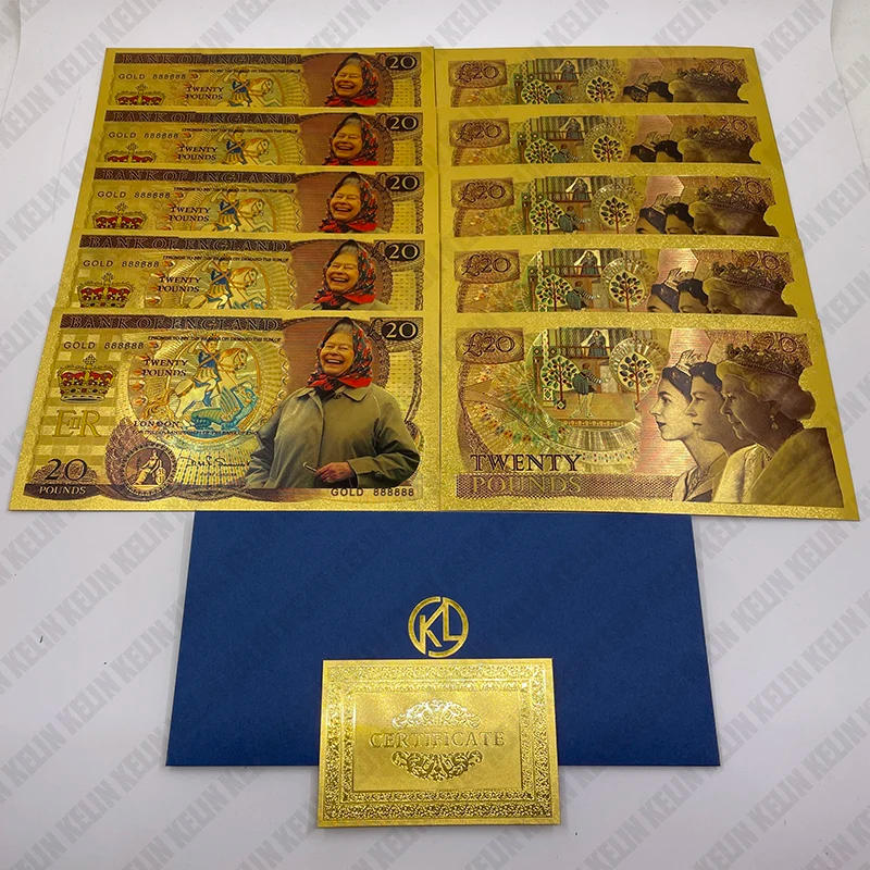 Description Picture 3 of itemBeautiful 5 Designs Queen Elizabeth II Gold Banknotes GBP UK Twenty Pound Souvenir Gifts England Queen Collectibles