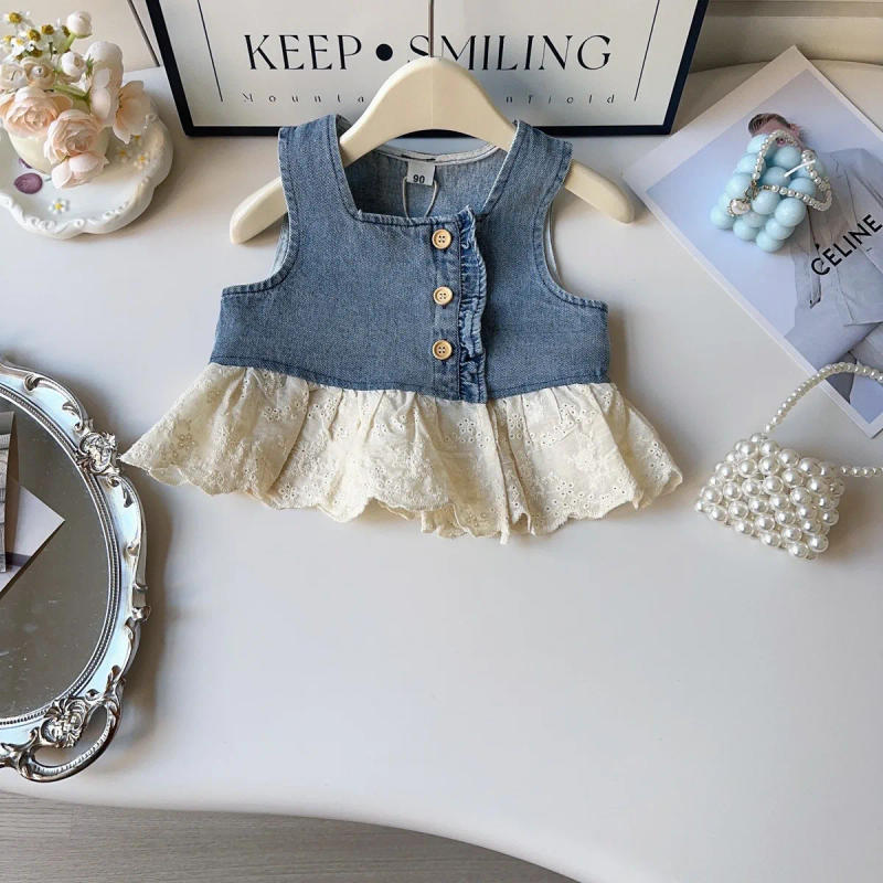 Description Picture 6 of itemKorean Version Ins Spring and Autumn Denim Sleeveless Vest Long Pants Set Versatile Lace Edge Vest New Fashionable Stylish Style