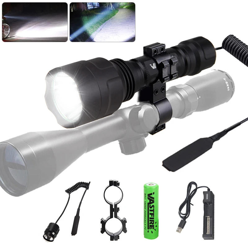 Description Picture 2 of itemTactical Hunting Flashlight C8 Professional LED Green/RED/White 1-Mode Torch+18650+USB Charger+Remote Switch+Rifle Scope Mount