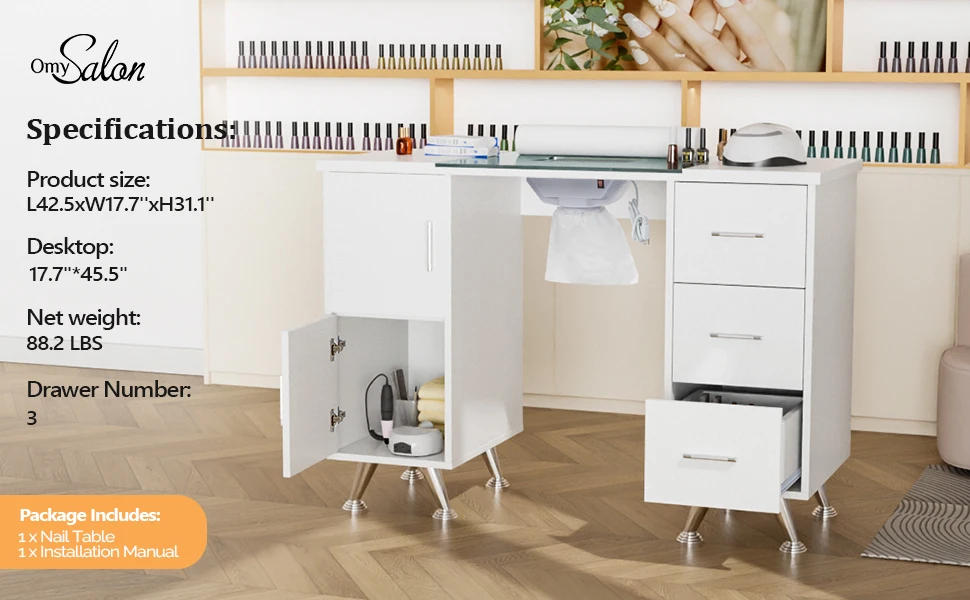 Description Picture 3 of itemManicure Table Nail Desk for Nail Tech w/Glass Top & Wrist Rest, Beauty Salon Nail Supplies Decor Workstation Acetone Resistant