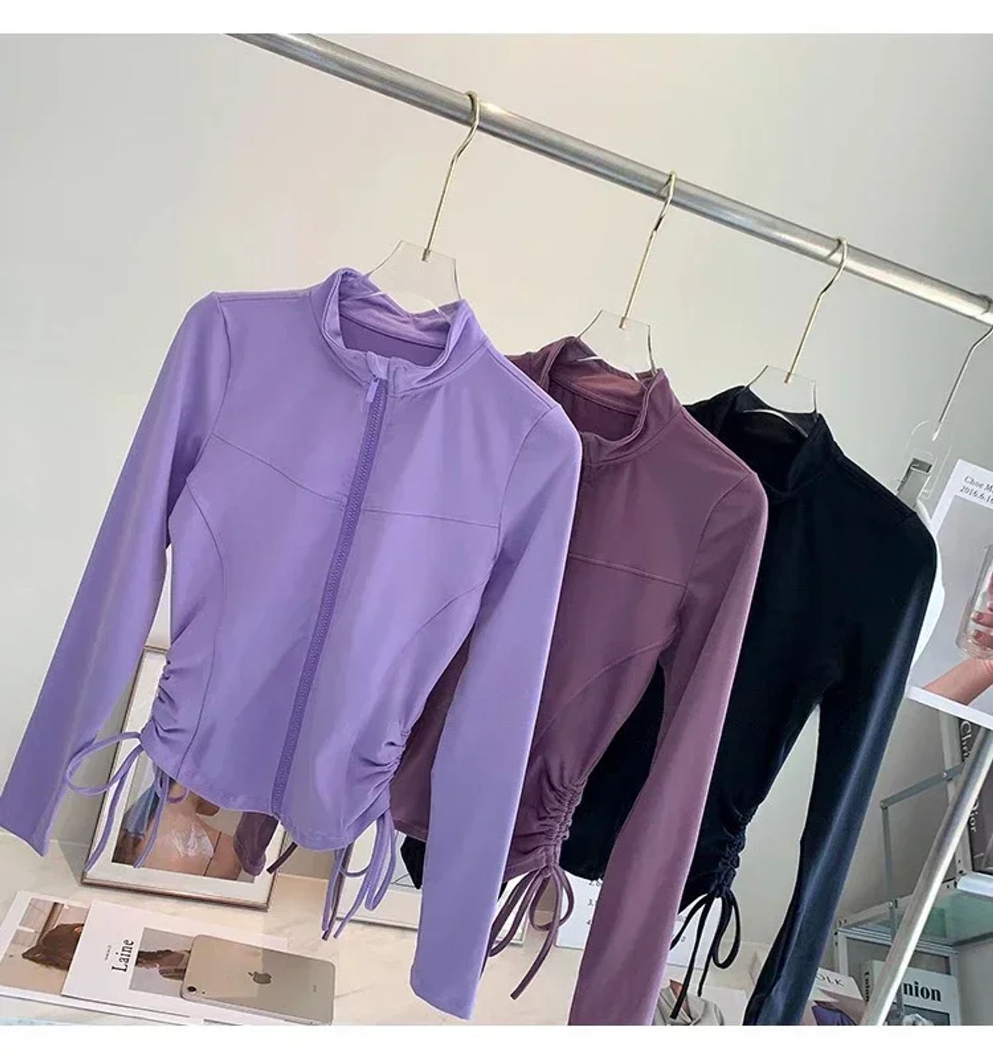 Description Picture 6 of item2024 Women Sports jackets Slim Fit Long Sleeved Side Drawstring Zipper  Tops Quick-Dry Fitness Outdoor Running Top Sports Coat