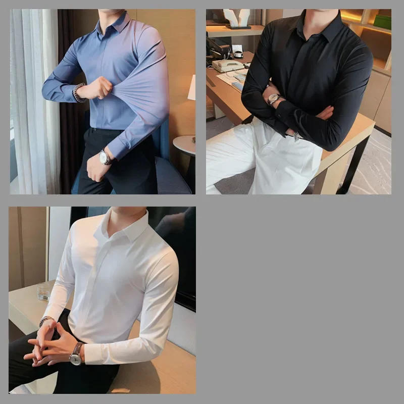 Description Picture 4 of itemHigh Elastic Long Sleeve Shirts For Men Clothing 2024 Business Formal Wear Casual Tuxedo Big Size Men's Social Shirt Dress 4XL-M