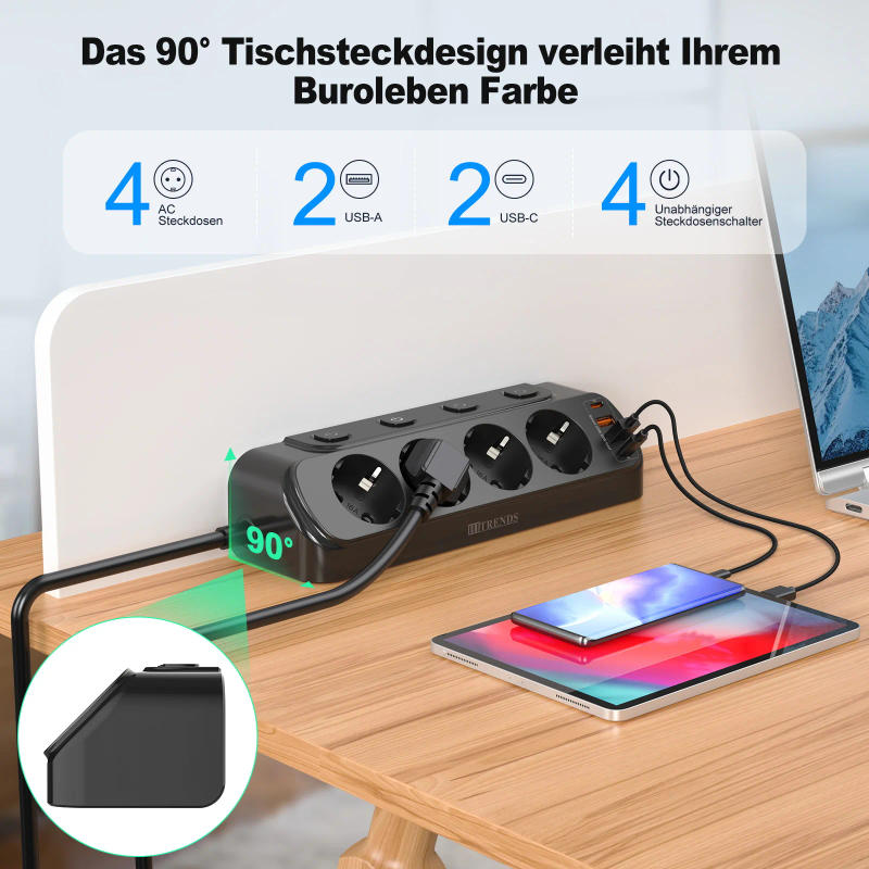 Description Picture 4 of itemEu Plug Desktop power board 4 AC power sockets separate switch 2 USB-A2 USB-C fast charging ports 2 meters extension cable white