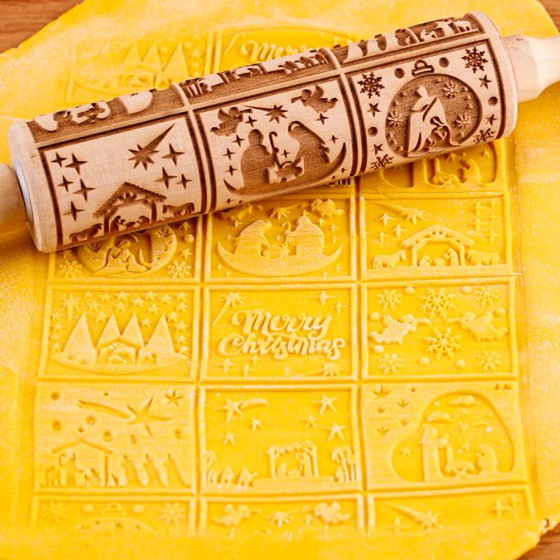 Description Picture 6 of item35X4.5CM 9 Grids Christmas Jesus Snowflake Angel Deep Engraved Wooden Embossed Cookies Rolling Pin for Baking 3D Mold