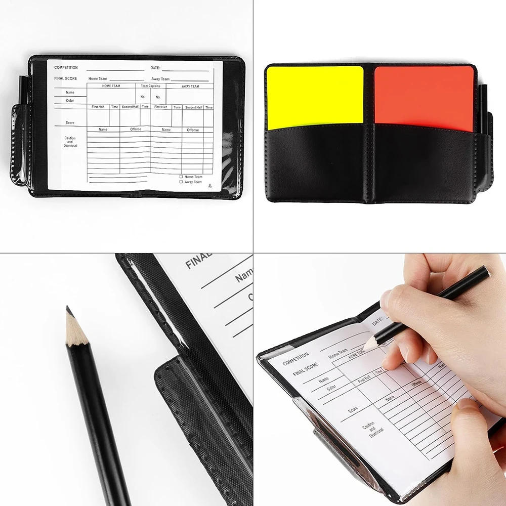 Description Picture 4 of itemSoccer Referee Flag Set Checkered Linesman Flags Referee Cards with Record Book and Pencil Referee Whistle for Sports Football