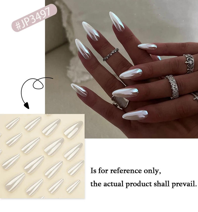 Description Picture 3 of itemWhite Pearlescent Glossy Nail Art Fashion Solid Color Almond False Nails Detachable Finished Fake Nails Press on Nails with Glue