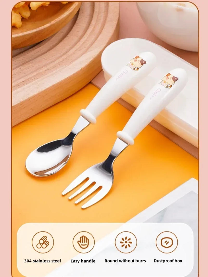 Description Picture 5 of item1set Gadgets Tableware Children Utensil Stainless Steel Toddler Dinnerware Cutlery Cartoon Infant Food Feeding Spoon Fork