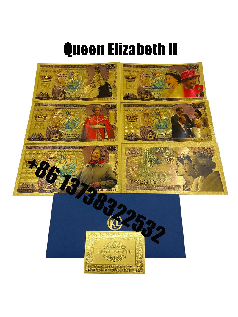 Description Picture 2 of itemBeautiful 5 Designs Queen Elizabeth II Gold Banknotes GBP UK Twenty Pound Souvenir Gifts England Queen Collectibles