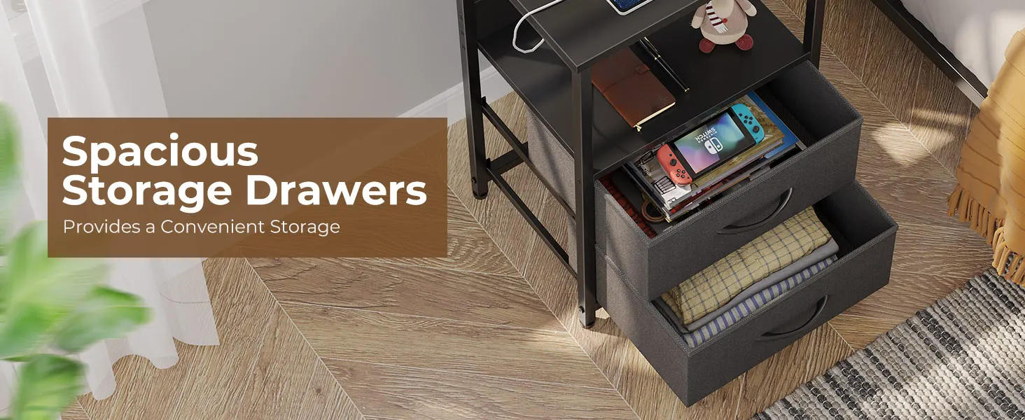 Description Picture 4 of itemNightstand with Charging Station, Bedside table with LED Lights, Night stand  Fabric Drawers, Storage End Table for Bedroom