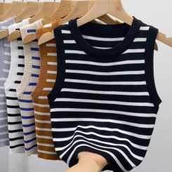 Summer Spring Striped Tank Tops Women 2025 Sleeveless Knitted T-Shirts Crop Tops Female Elastic Slim Casual Vests Pullover Camis