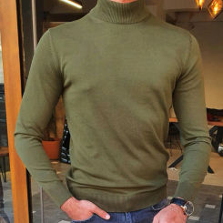 Turtleneck Long Sleeve Ribbed Trim Men Sweater Spring Autumn Solid Color Warm Bottoming Sweater Jumper