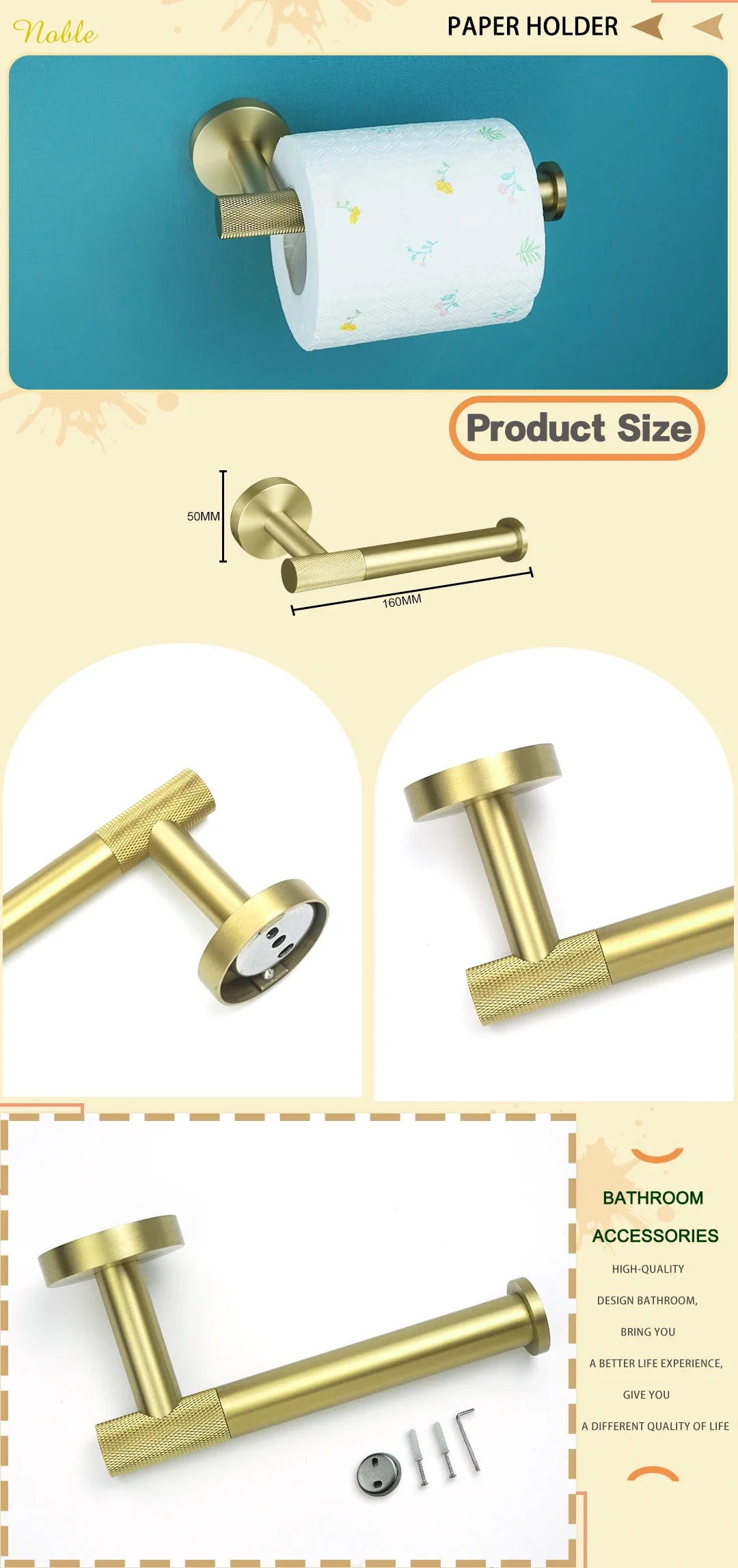 Description Picture 6 of itemBrushed Gold Stainless Steel Toilet Paper Holder Wall Hook Towel Holder Rack Kitchen Organizer Bathroom WC Accessories