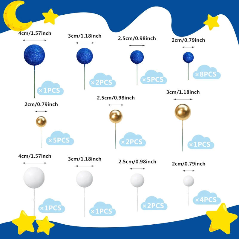 Description Picture 3 of item32pcs Glitter Blue Ball Cake Topper Ocean Theme Picks Colorful Ball Shaped Cupcake Insert for Birthday Party Wedding Decoration