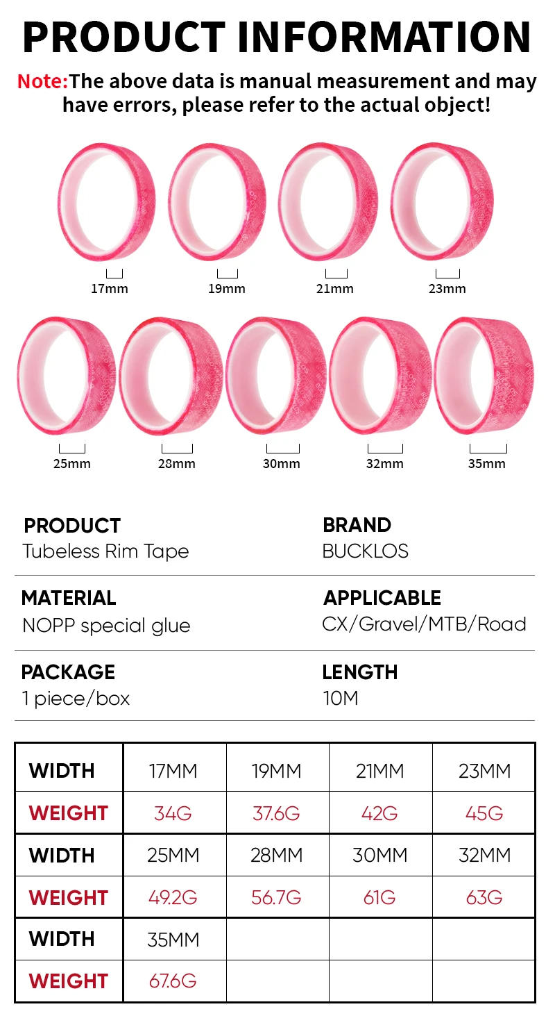 Description Picture 3 of itemBUCKLOS Bicycle Tubeless Rim Tape 10*17-32MM Pink Bicycle Rim Strip Tapes Tubeless Tires Inner Tapes for MTB Road Bike Wheels