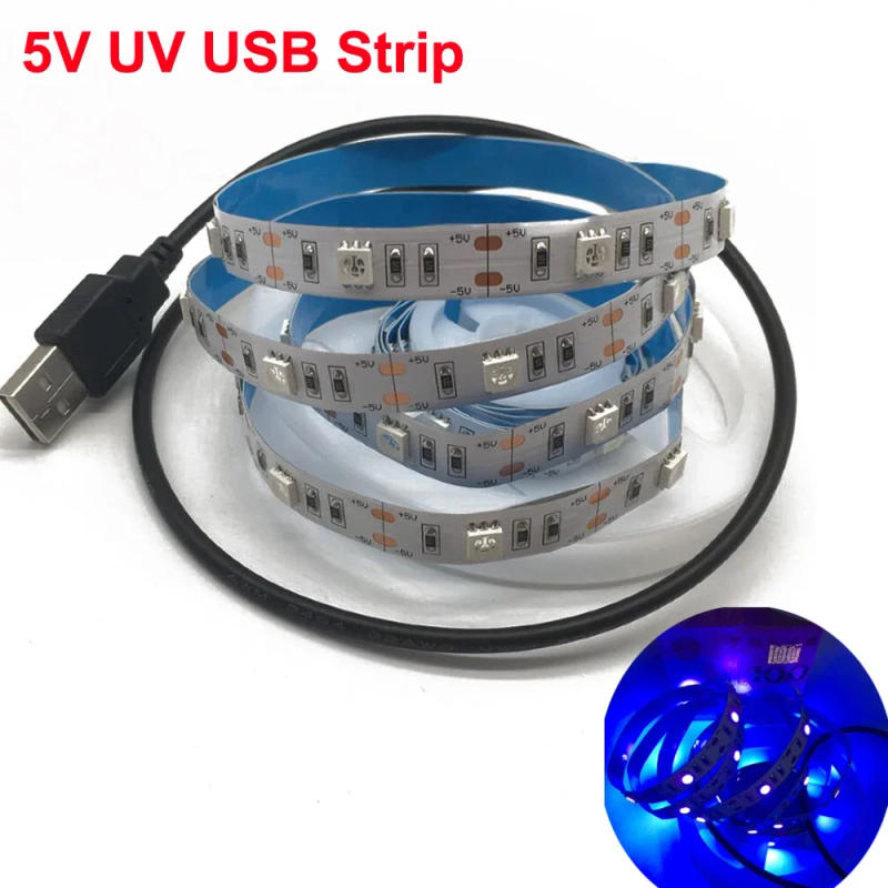 Description Picture 2 of itemUSB / Battery Powered 5V UV led strip light 395-405nm Ultraviolet 5050 SMD 30led/m Flexible blacklight DJ Fluorescence party 2m
