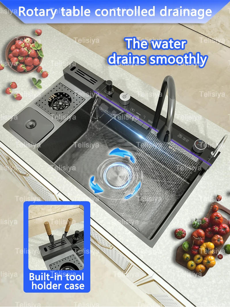 Description Picture 3 of itemStainless Steel Kitchen Sink with Trash Can Embossed Wash Basin with Waterfall Faucet Digital Display Large Single Solt