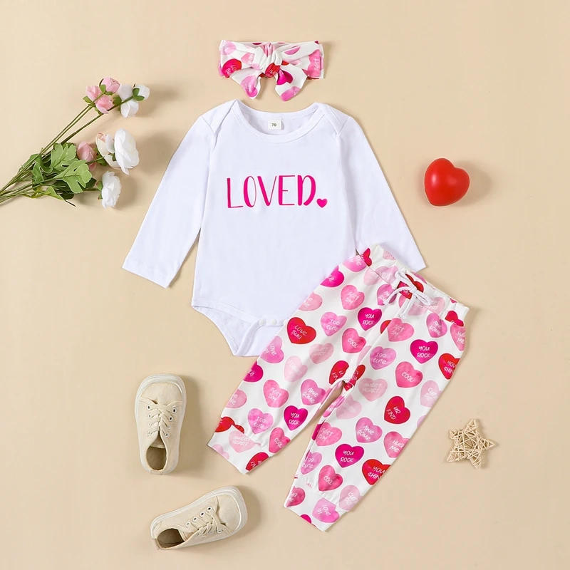 Description Picture 3 of itemNewborn Valentine s Day Pants Set Baby Girl Letter Print Romper and Heart Print Pants Headband Outfits Infant Clothing