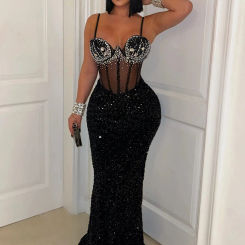 CM.YAYA Women Mesh Velvet Diamonds Sleeveless Strap Bodycon Maxi Dress Sequine Birthday Sexy Party Evening Vestidos Long Dresses