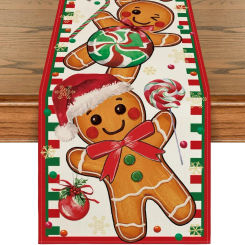 Gingerbread Candy Cane Christmas Linen Table Runner Seasonal Winter Xmas Party Kitchen Dining Table Decor Navidad Decoration2025