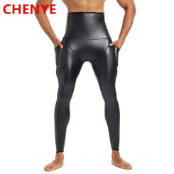 Men's High Waisted Leather Pants with Pockets Body Shapers Waist Trainer Control Panties Compression Abdomen Belly Leather Pants
