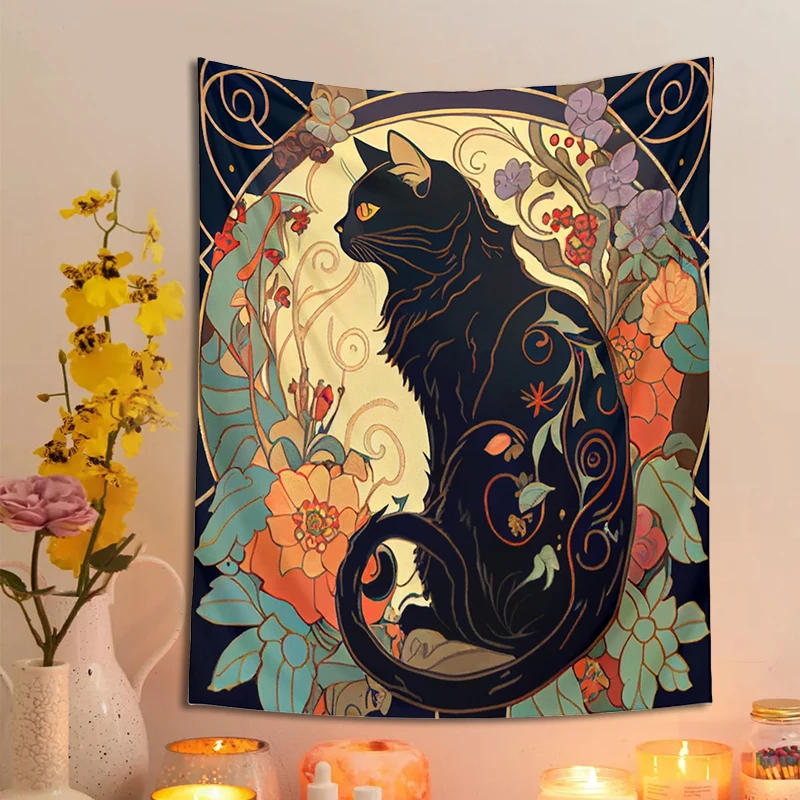 Description Picture 6 of itemPsychedelic Black Cat Tapestry Wall Hanging Rose and Sunbeam Art Nouveau Floral Wall Art Animal Cat Lovers Gift Home Decor