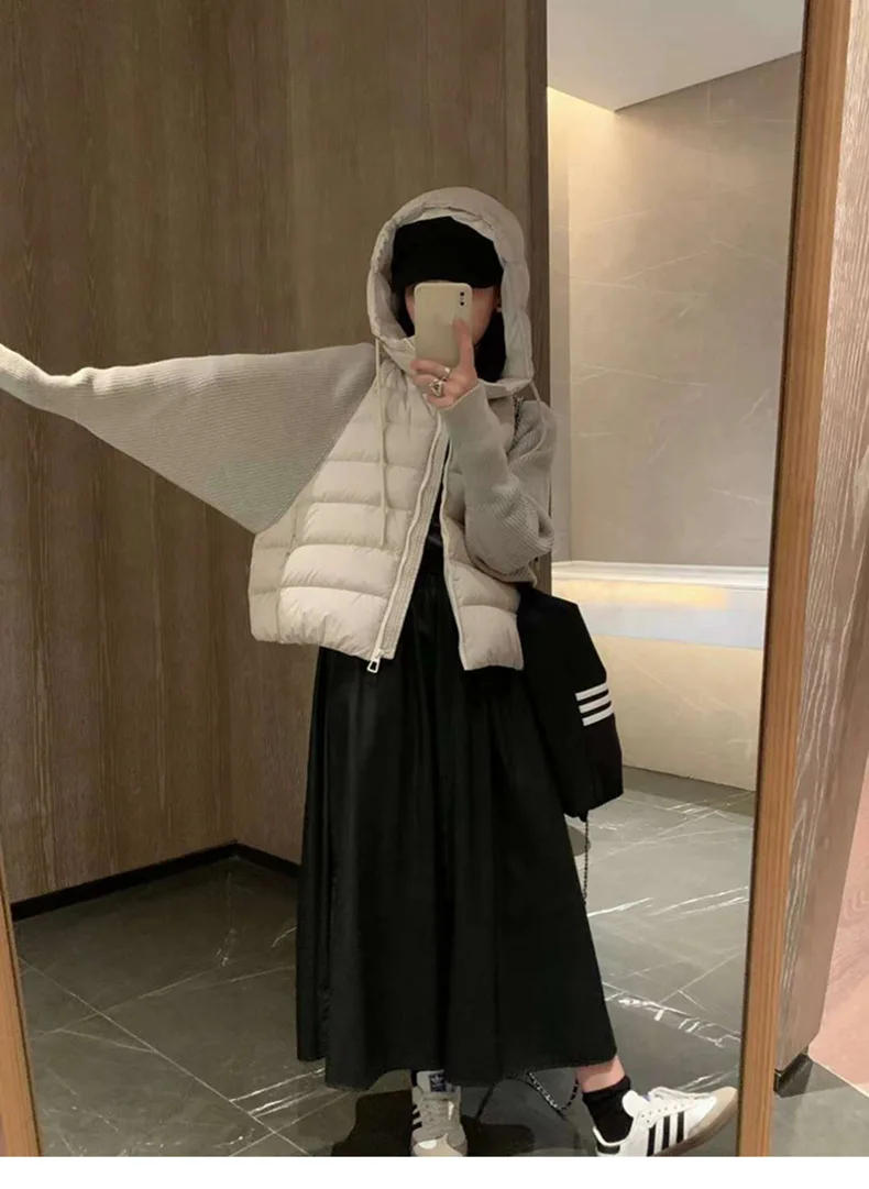 Description Picture 6 of itemWomen Down Coats Hooded Long Sleeve Knit Splice Solid Zipper Pockets Thick Warm Jackets Parkas High Street Winter 2024