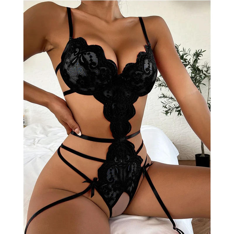 Description Picture 4 of itemSexy Bras Set Costumes Sexy Crotchless Bra Set Lingerie Women Lace Hollow Bra Deep V Open Bra UnderweaSexy Backless Dress