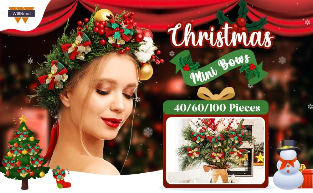 Description Picture 2 of item10Pcs Christmas Small Bows with Bells Miniature Ornaments Gift Decorations Crafts Garland Hanging Decor Treat Bags Gift Wrapping