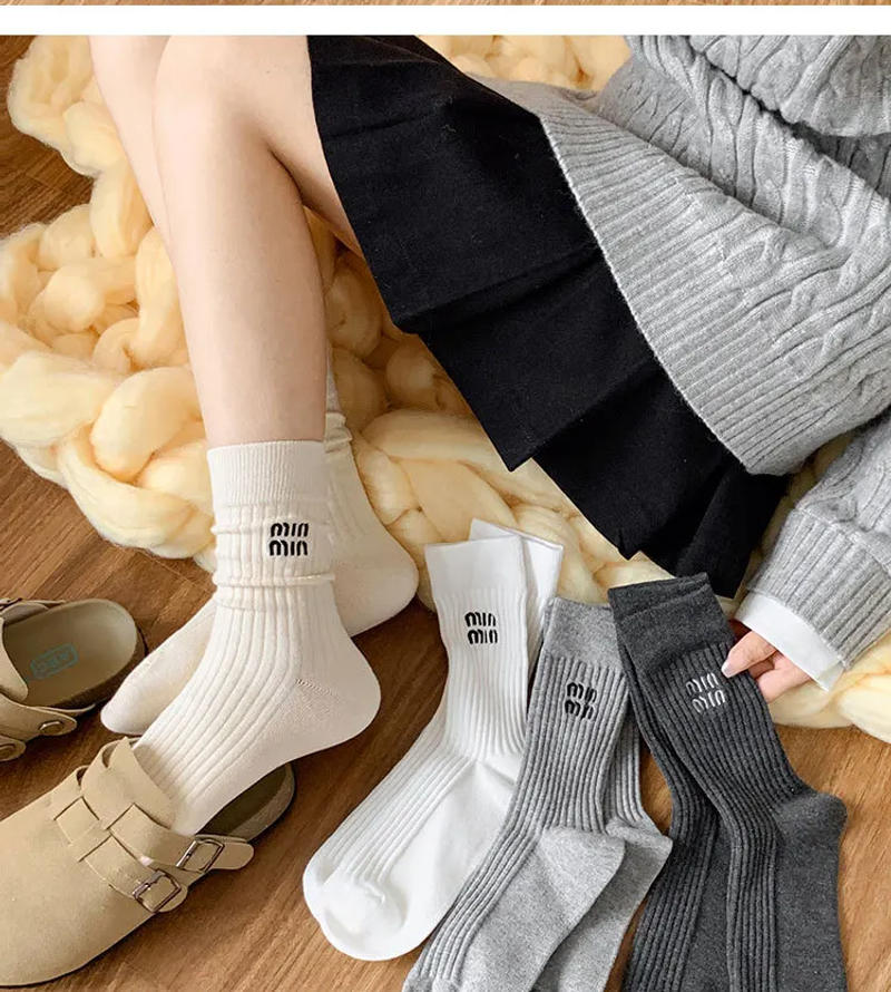 Description Picture 6 of item3 Pairs Winter Socks Women Luxury Stockings Brand Cotton Embroidered Letter Striped Mid-Tube Solid Stack Loose Fashion Socks